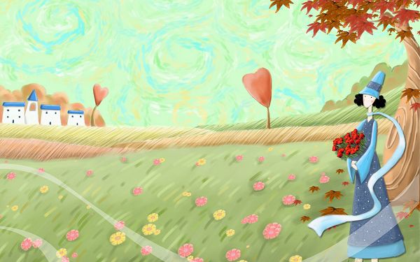 click to free download the wallpaper---Waiting in a Bouquet of Flower, Long Scarf Flying with Wind, When Is the Mr.Right Showing up? - Autumn Fairytale Wallpaper