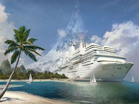 Wallpapers for Computer Free, Huge Yacht on the Peaceful Sea, Fantasy Art