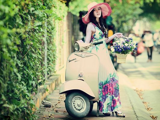 click to free download the wallpaper--Woman and Nature Image, a Beautiful Model with Spring Flowers, Proper Motorcar