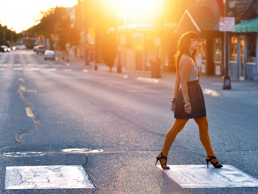 Young Lady Image, Girl Crossing the Street, Walk in Sunshine