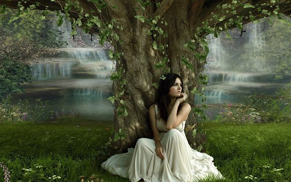 wallpaper of a girl: a girl sitting under the beautiful tree ,click to download