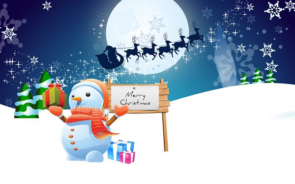 wallpaper of a lovely cartoon picture about Snowman in Christmas ,click to download