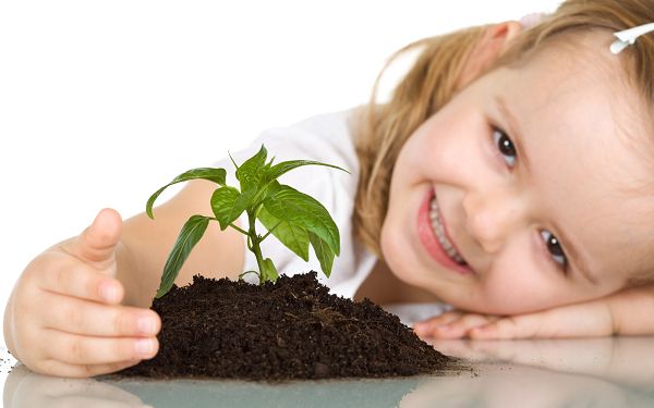 wallpaper of baby - a lovely girl and a small plant,click to download